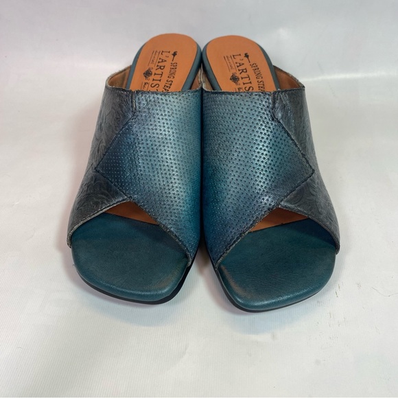 L’ARTISTE Tonalna Blu Leather Blue Sandals Block Heel Sandals Size 38 New/Box - Picture 3 of 7